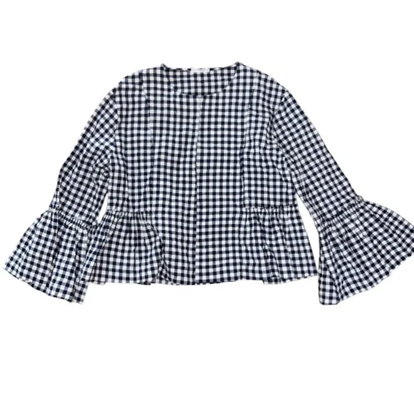 Félicité Gingham open front navy and white. 3/4 bell sleeves. - Picture 1 of 5